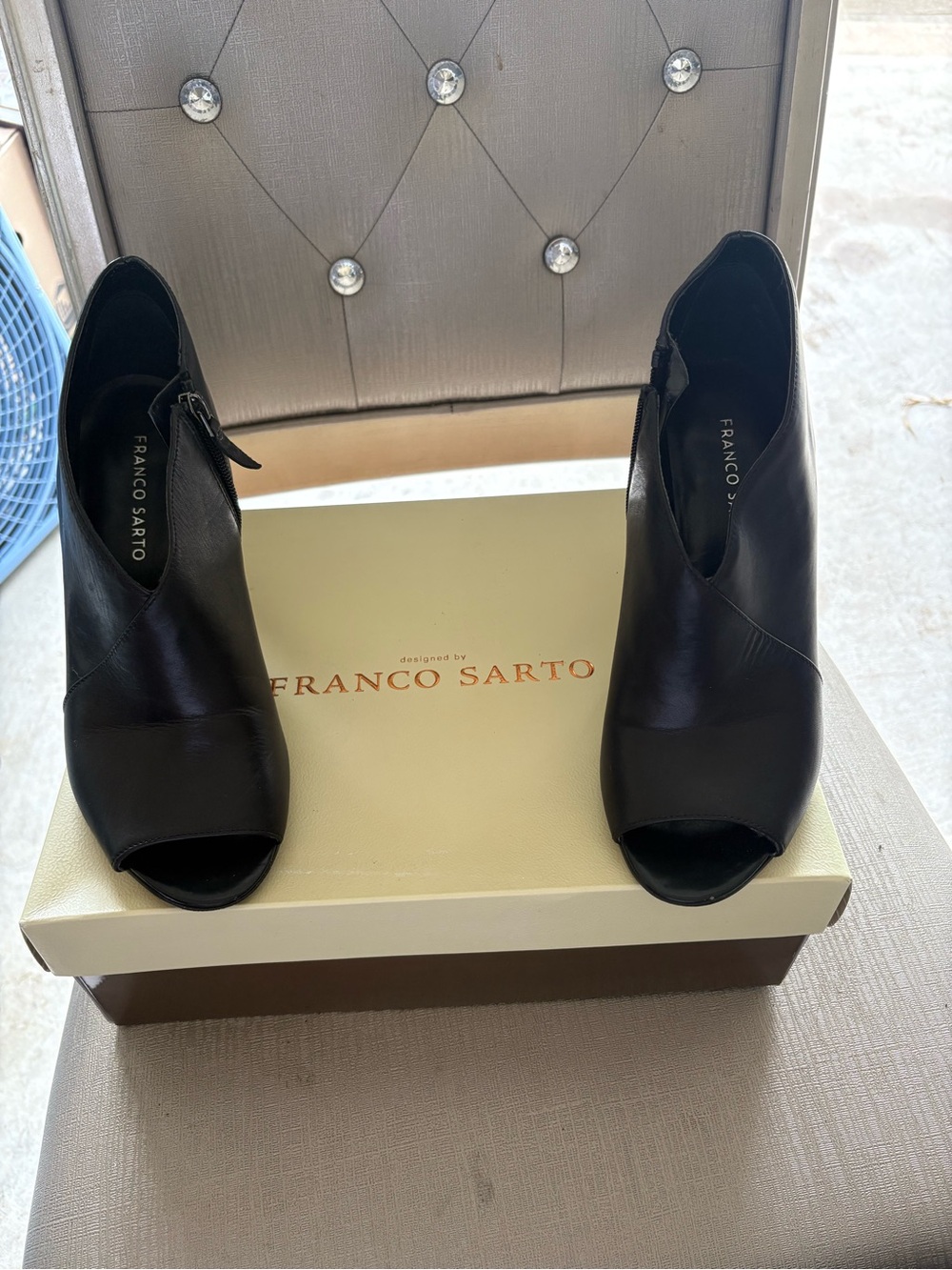 Franco Sarto Black Leather Peep-Toe Ankle Booties